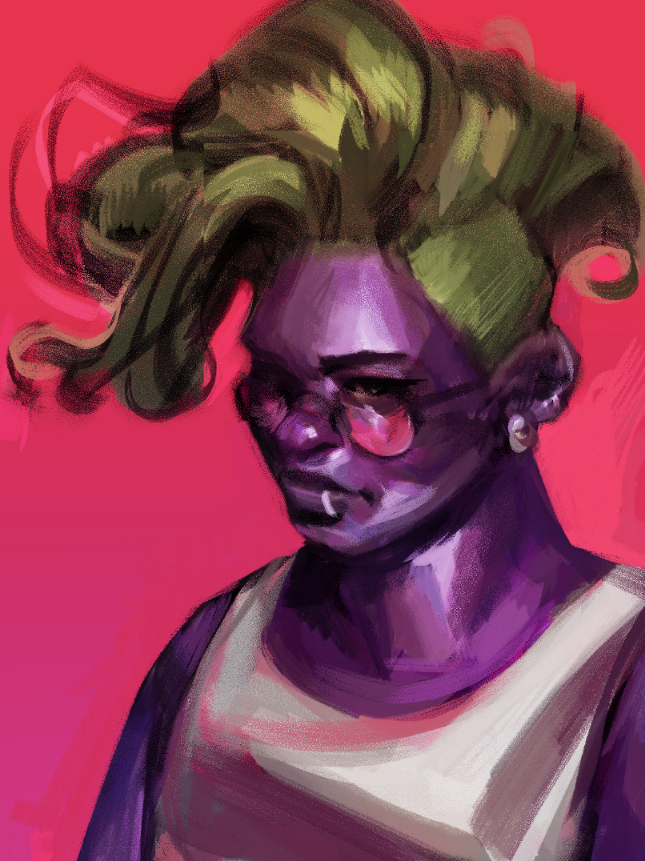 A digital portrait of Starbuck, a purple-skinned man with green hair and pink glasses on a pink background.